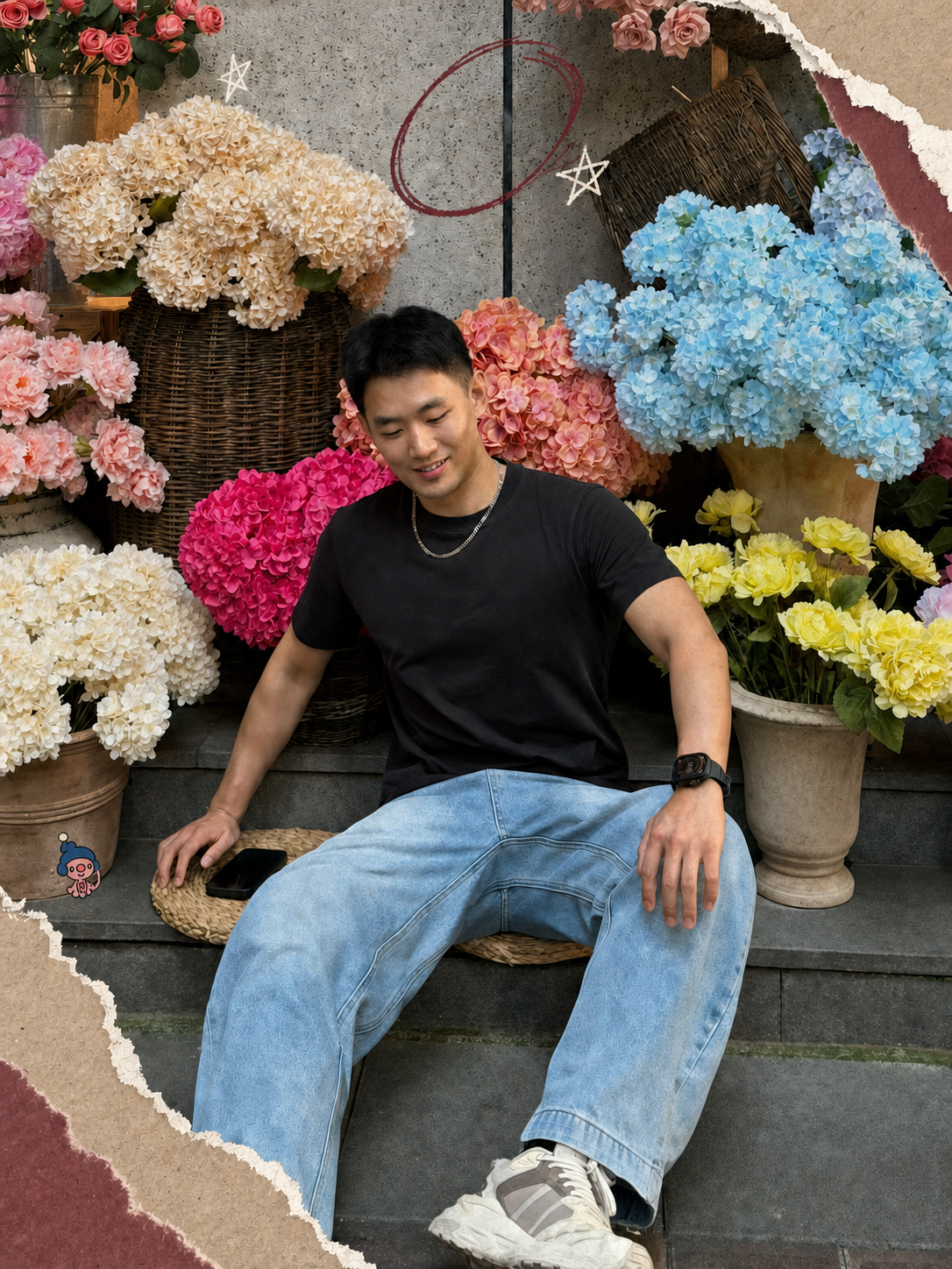 Darren 在花簇中的杂志拼贴