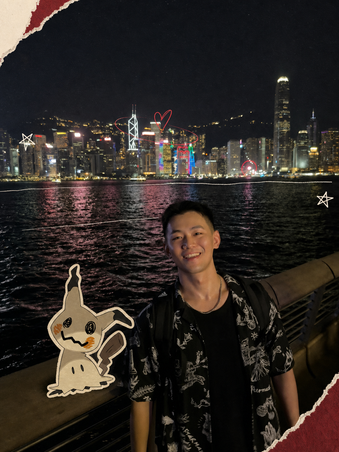 Darren 在海港夜景前的杂志拼贴